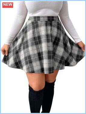 Plus Size Plaid Mini Skirt A-Line Flare Pleated High Waist Preppy